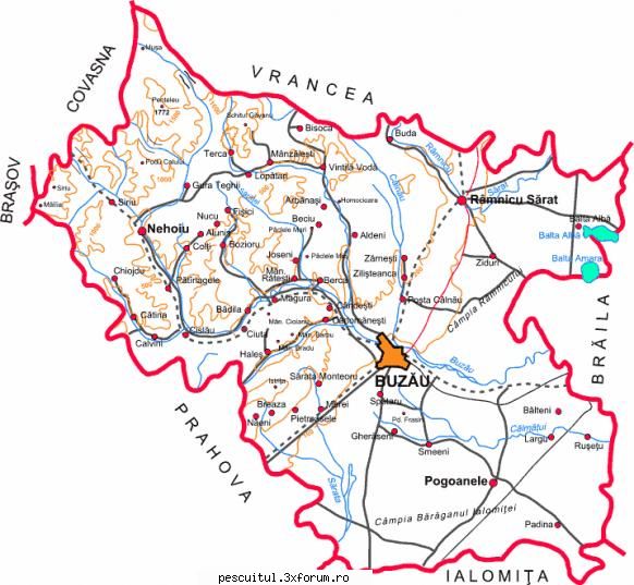 HARTA JUDETUL BUZAU - BUZAU - Harta hidrografica a jude - HARTI - RUTIERE , JUDETE , ORASE , LOCURI DE PESCUIT